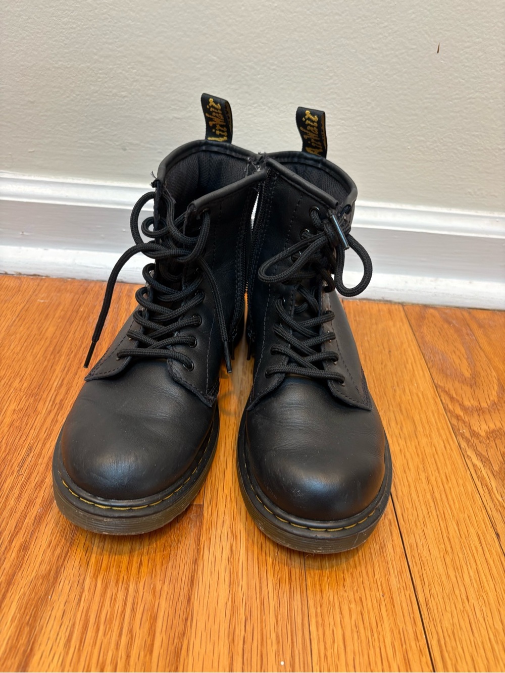 Dr. Martens Black Leather Lace-Up Boot with Yellow Stitching